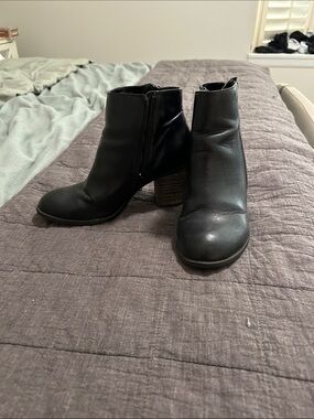 Alba Black Leather Ankle Booties with Stacked Heel